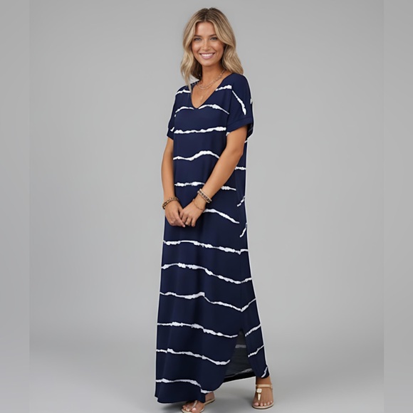 Blue Tie Dye Striped Curved Hem Tee Dress With Pockets - Picture 2 of 6